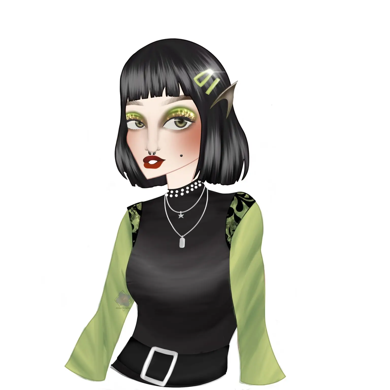Illustration af en pige med sort hår iført grøn og sort tøj