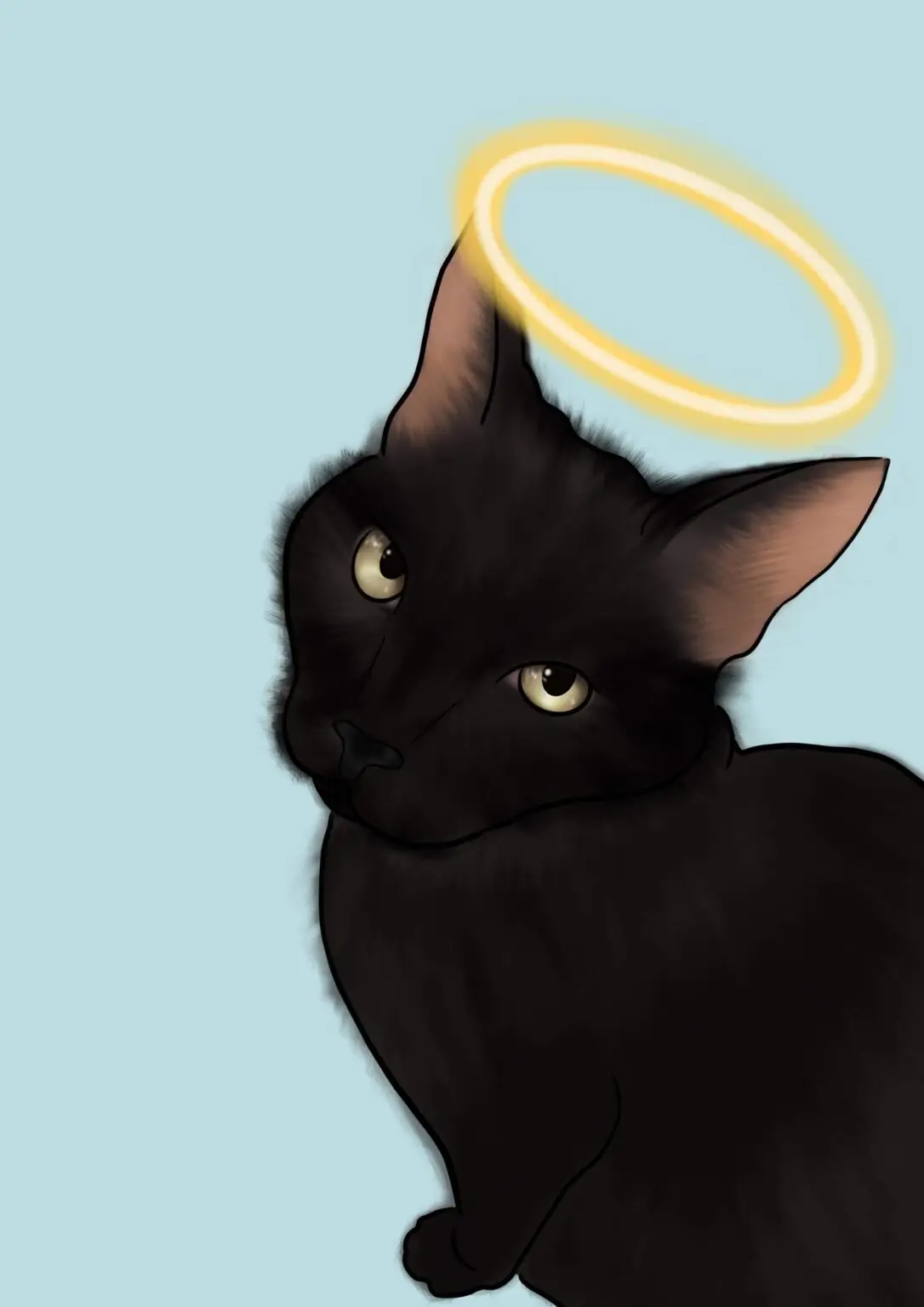 Illustration lavet af en sort kat med en glorie