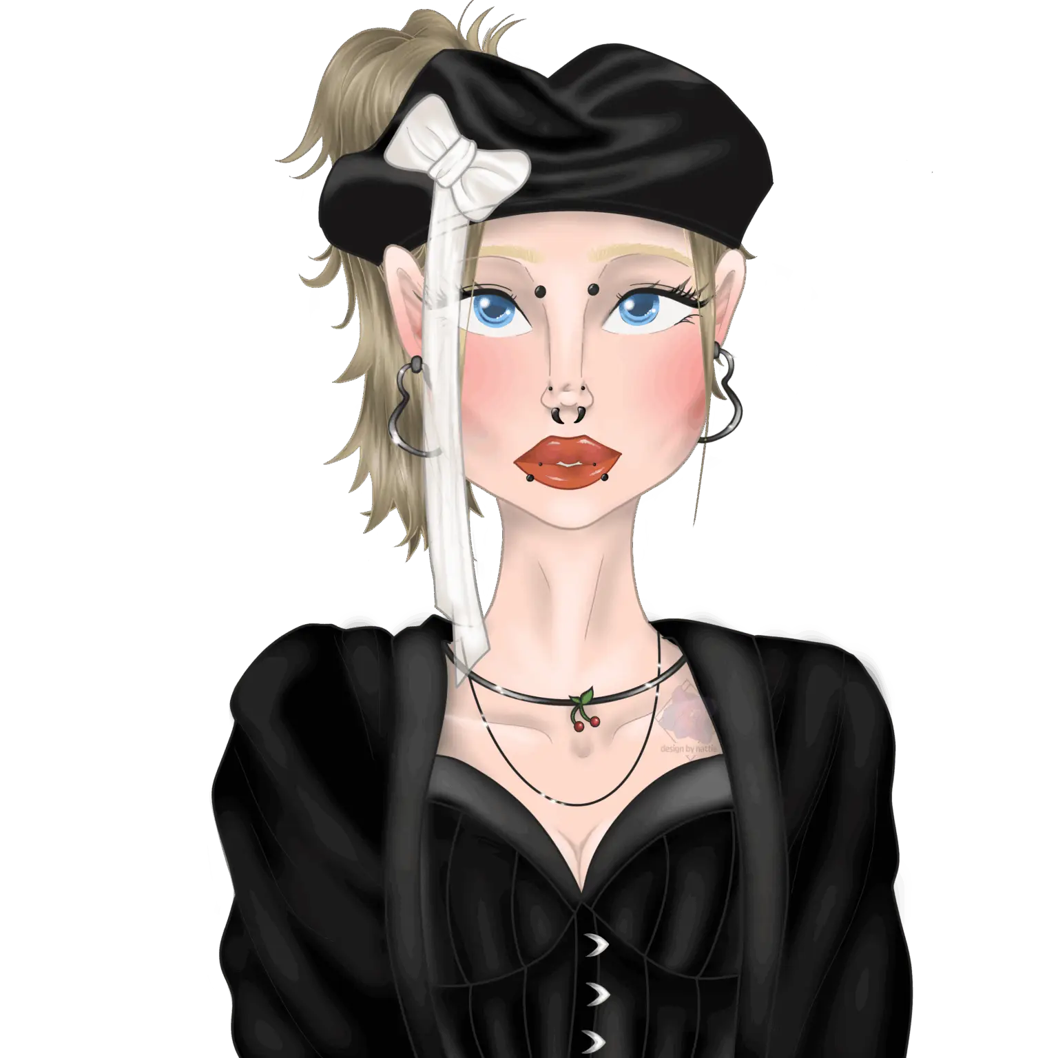 Illustration af en pige iført sort tøj og sort hat